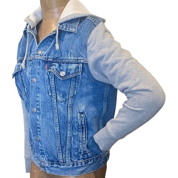 Levi's Hybrid Trucker Jean Jacket Hoodie Combo Gray Blue S #274F - Picture 5 of 13